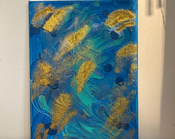 Abstract acrylic painting with gold glitter, original artwork on canvas 30 x 40 cm, Deep Breathe from my collection Stay Strong