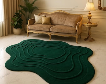 Handmade Forest Green Wavy Rug: High-Low Texture, Custom Carpets