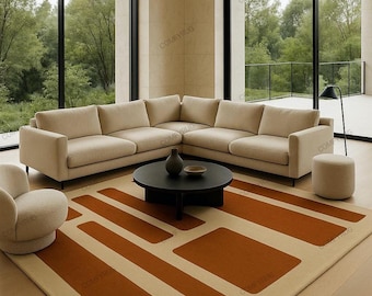 Hand-Tufted Wool Area Rug, Rust Red Beige Modern Carpet