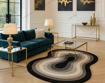 Hand Tufted Wool Area Rug, Gray Amoeba Shape, Minimalist Decor