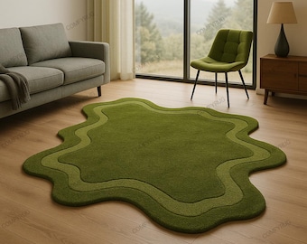 Handmade Wool Amoeba Rug: Modern Green Wavy Carpet