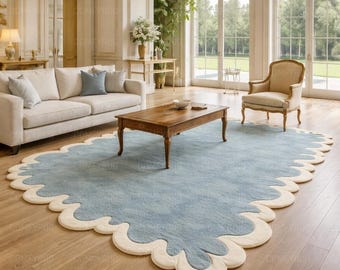 Handmade Wool Area Rug, Pastel Blue Scalloped Carpet