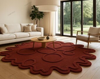 Hand-Tufted Wool Rug, Rust Red High-Low Texture, Modern Amber Bloom