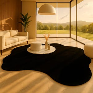 Puede incluir: Una alfombra negra de forma irregular domina el centro de la habitación. Una mesa de centro redonda blanca con jarrones decorativos se encuentra sobre la alfombra. También se ven un sofá color crema y una gran ventana con vistas panorámicas.
