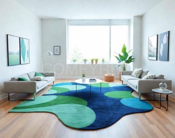 Abstract Blue Green Area Rug, Modern Geometric Carpet, Contemporary Living Room Rug, Minimalist Home Decor, Scandinavian Style Rug
