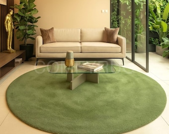 Hand-Tufted Round Wool Rug, Green Plush Carpet, Modern Decor (4x4 & 6x6 ft)