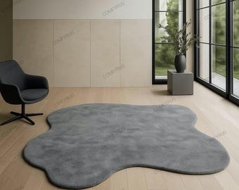 Hand-Tufted Irregular Grey Rug, Wavy Edge, Modern Home Decor