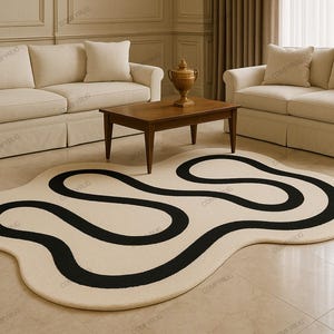 Minimalist Beige Modern Abstract Irregular Shape Woolen Hand Tufted Designer Area Rug for Living Room Bedroom Office 5x8 6x9 8x10 9x12 10x14