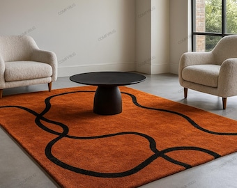 Hand Tufted Wool Rug – Burnt Orange, Black Abstract Design