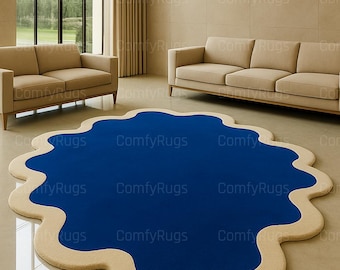 Handmade Wool Rug: Irregular Deep Blue, Ivory Border, 5x8