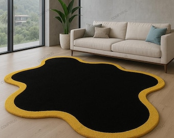 Hand-Tufted Black Rug with Golden Border, Irregular Wavy Design