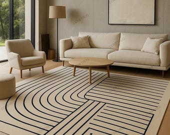 Modern Hand-Tufted Wool Rug: Black & Beige Free Flow Line Design