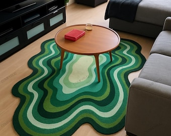 Hand Tufted Wool Area Rug, Wavy Green Amoeba Design, Modern Abstract