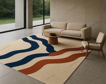 Handmade Boho Area Rug: Rust & Navy Blue, Mid-Century Modern (4x4, 5x8)