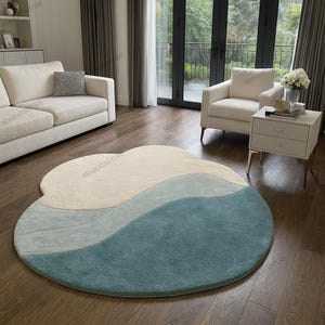 Hand Tufted Ocean Accent Irregular Rugs 4x4 5x5 Custom Blue White Fluffy Retro Organic Rugs for Kids Nursery Room Bedroom Home Decor Carpets