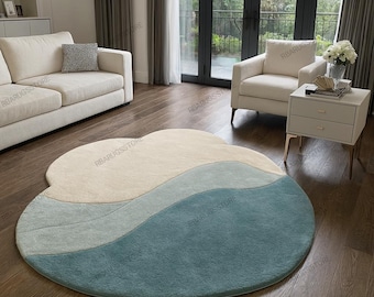 Hand Tufted Ocean Accent Rug: Blue and White Retro Rug