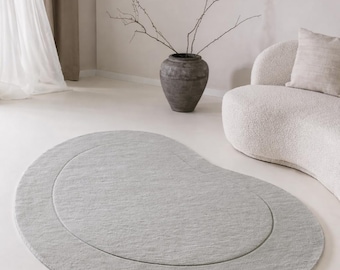 Modern Solid Grey Kidney Shape Rug 5x8 7x10 Hand Tufted Irregular Plush Wool Area Rug for Living Room Bedroom nursery Room 70s Inspired Rug