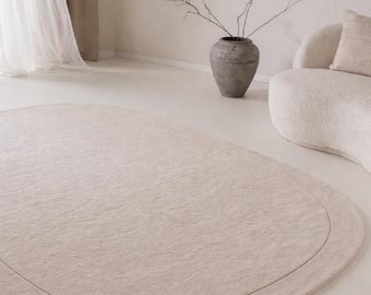 Hand Tufted Solid Cream Curve Edge Rug 4x6 5x8 70s Inspired Plush Wool Area Rug for Living Space Bedroom Nursery Room Hallway Kitchen Carpet