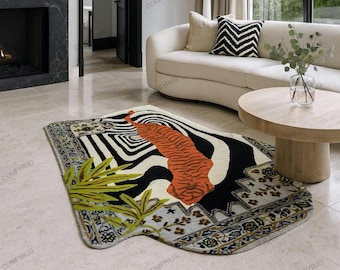 Hand-Tufted Wool Tiger Rug, Irregular Jungle Design