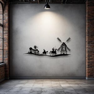 May include: Black metal wall art featuring a silhouette of a house, riders on horseback, and a windmill. The artwork is mounted on a grey wall in a room with a brick accent wall and a window.