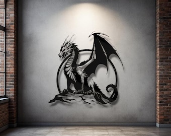 Decorazione da parete in metallo con drago maestoso, creatura fantasy, silhouette in acciaio, decorazione per la casa