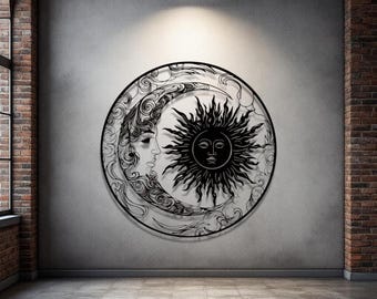 Sun and Moon Metal Wall Art – Celestial Laser Cut Black Steel Home Decor