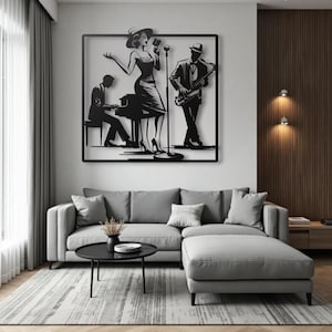 May include: Black metal wall art depicting a jazz band. The artwork features a singer, a pianist, and a saxophone player. The figures are silhouetted against a white background, framed in a black square. The art hangs above a gray sectional sofa.
