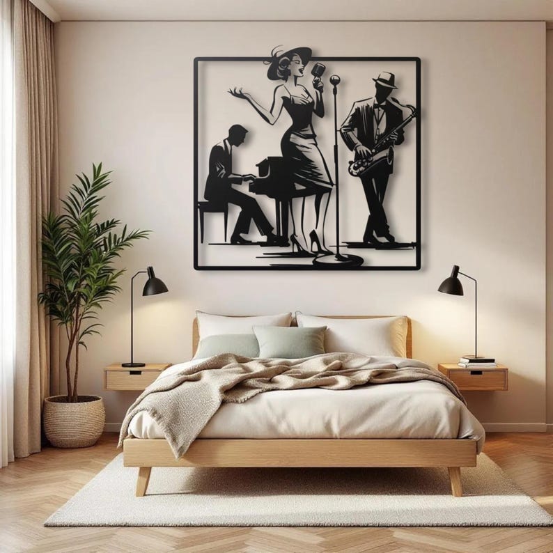 May include: Black metal wall art depicting a jazz band with a singer, pianist, and saxophonist. The figures are silhouetted within a square frame, creating a stylish, musical theme. The artwork is mounted above a bed in a bedroom setting.