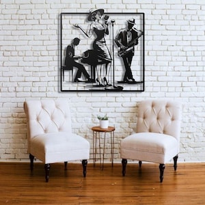 May include: Black metal wall art depicting a jazz band with a singer, pianist, and saxophonist. The figures are silhouetted against a square frame, mounted on a white brick wall. The art piece is displayed above two cream-colored armchairs.
