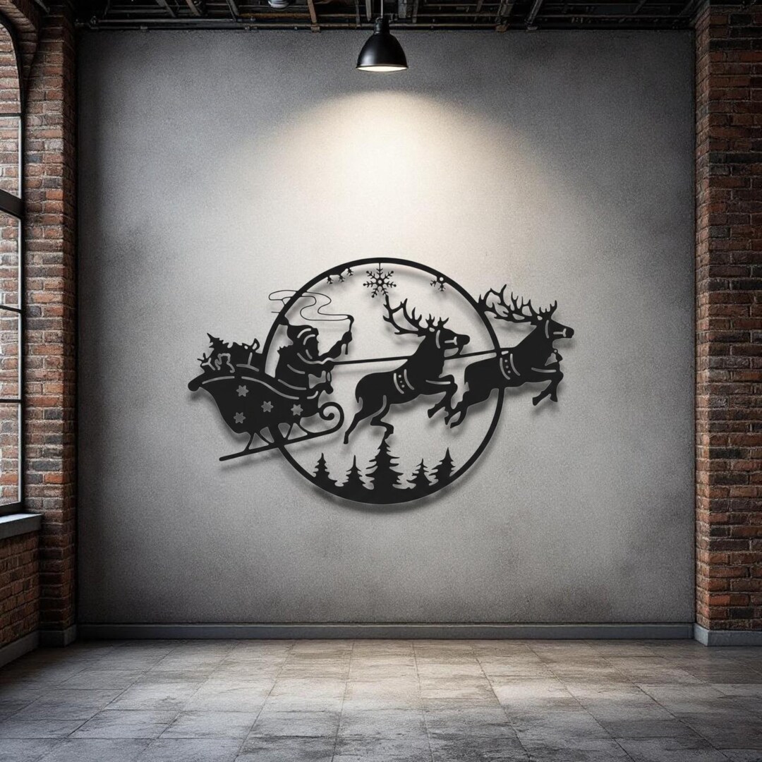Santa Sleigh Wall Art: Black Metal Holiday Decor - Handmade Steel - Etsy