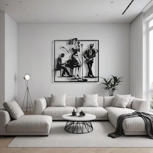 May include: Black metal wall art depicting a jazz band with a singer, pianist, and saxophonist. The artwork is framed and mounted on a white wall above a white sectional sofa in a modern living room setting.