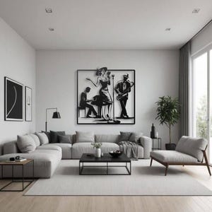 May include: Black metal wall art depicting a jazz band with a singer, pianist, and saxophonist. The artwork is framed and mounted on a white wall in a modern living room setting. The room features a gray sectional sofa, a black coffee table, and a gray rug.