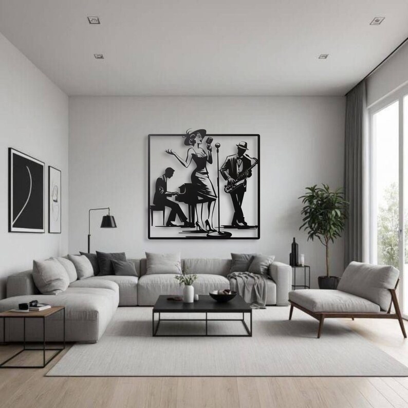 May include: Black metal wall art depicting a jazz band with a singer, pianist, and saxophonist. The artwork is framed and mounted on a white wall in a modern living room setting. The room features a gray sectional sofa, a black coffee table, and a gray rug.