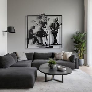 May include: Black metal wall art depicting a jazz band. The artwork features a singer, pianist, and saxophonist within a square frame. The figures are in silhouette against a light gray wall, with a modern living room setting.