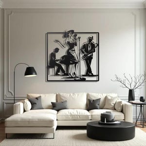 May include: Black metal wall art depicting a jazz band. The artwork features a singer, pianist, and saxophonist. The figures are in silhouette, set against a neutral background. The art is framed and mounted on a wall above a white sectional sofa.