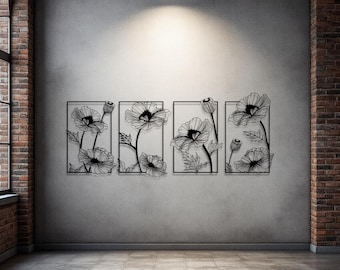 Minimalist Floral Metal Wall Art Set, Line Flower Panels, Modern Botanical Decor