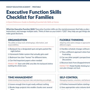 Può includere: Una lista di controllo stampabile sulle funzioni esecutive per le famiglie della Insight Education Academy. Il documento presenta sezioni su organizzazione, pensiero flessibile, gestione del tempo e autocontrollo con elenchi puntati.