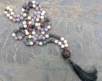 Matte Bloodstone, Chalcedony, and Riverstone Mala - 108 Stones