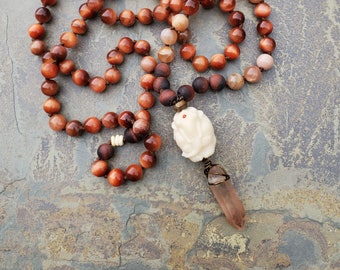 Tiger's Eye, Sunstone, Elephant Mala - 108 Beads