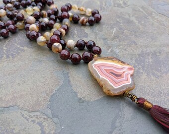 Garnet 108 Stone Mala Necklace Gold Rutilated Quartz Dragon Vein Agate Condor Agate Gemstone Mala Beads