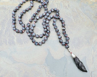 Larvikite and Black Titanium Quartz Mala