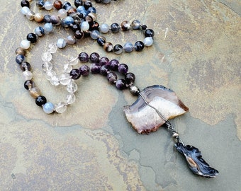 Amethyst, Blue-Grey Agate, and Quartz Mala