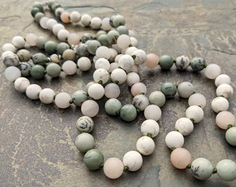 Sage Dendritic Opal, Magnesite, and Pink Aventurine, Solar Quartz Mala - 108 Stones