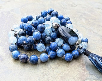 Aquamarine, Dumortierite, and Tuxedo Agate Mala - 108 Stones