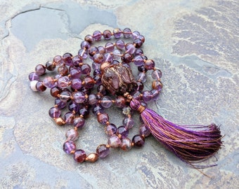 Amethyst with Cacoxenite, Carnelian, and Blood Lotus Mala - 108 Stones