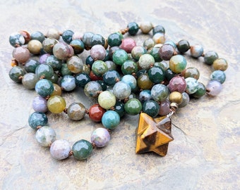 India Moss Agate and Tiger's Eye Merkaba Mala - 108 Stones