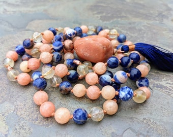 Orange Sodalite, Orange Calcite, Rutilated Quartz, and Gobi Desert Agate Mala - 108 Stones