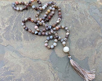 Botswana Agate and White Moonstone Mala - 108 Stones