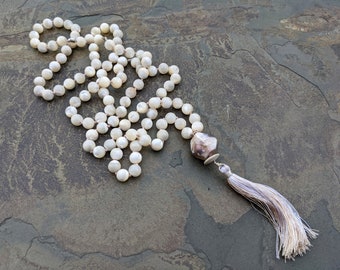 Mother of Pearl, Agate, and Sterling Silver Mala - 108 Stones