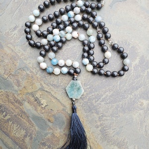 Aquamarine and Hematite Mala